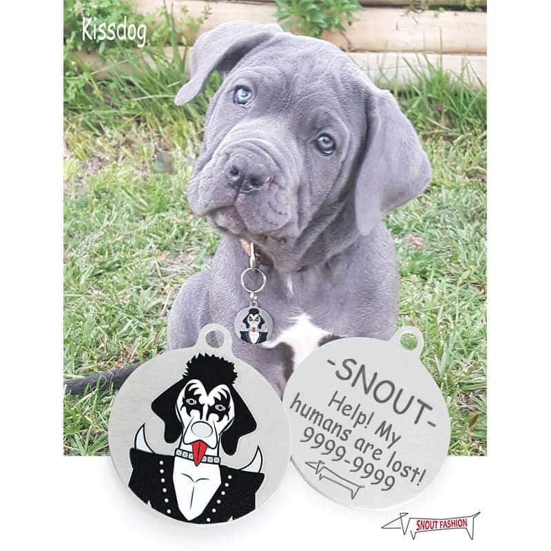 Kiss_Dog-Tag_ID-tag_CIRC_Model personalized Kiss dog ID Tag