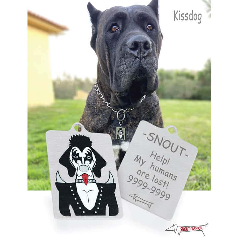 Kiss_Dog-Tag_ID-tag_RECT_Model personalized Kiss dog ID Tag